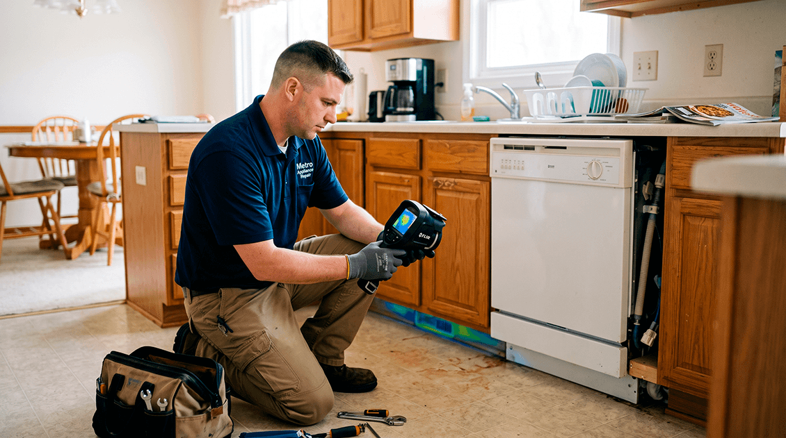 Emergency technician in professional uniform using an infrared thermal mapping camera to trace hidden water paths under kitchen cabinets from a leaking dishwasher