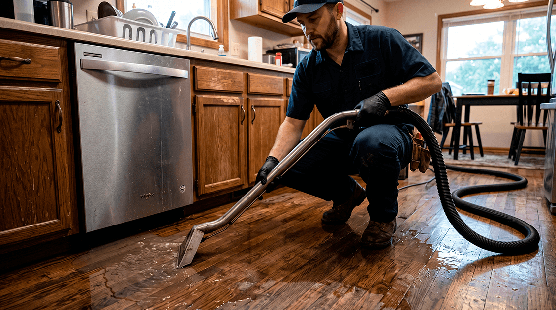 Water damage restoration technician using a clean industrial vacuum hose and extraction wand on a wet kitchen floor to remove water near a dishwasher