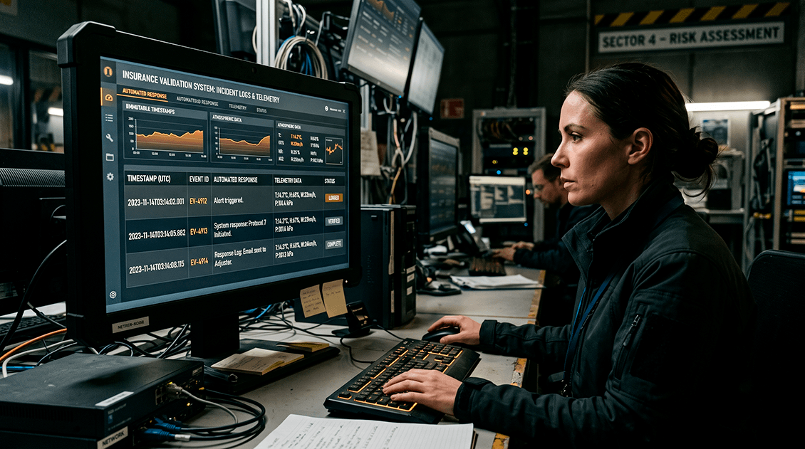 Digital database interface displaying automated response logs, immutable timestamps, and atmospheric telemetry data for insurance validation