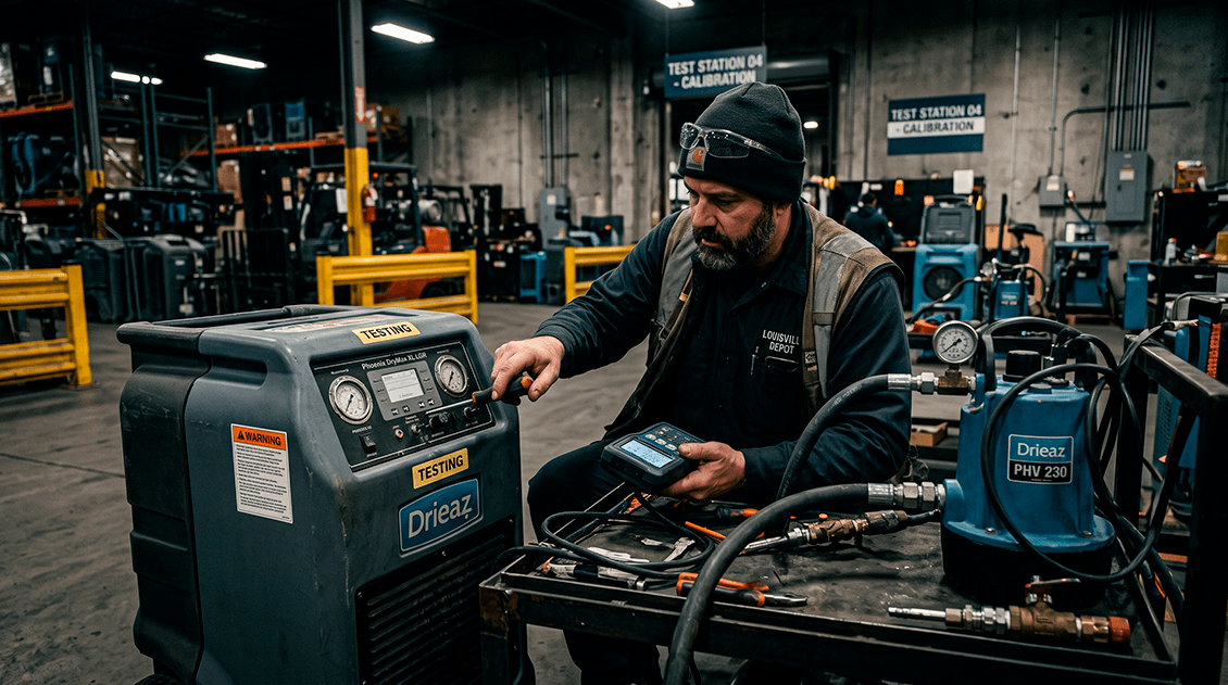 Technical specialist calibrating commercial LGR dehumidifiers and high-lift pumps on a testing stand inside the Louisville depot