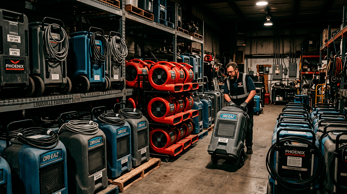 Organized commercial LGR dehumidifiers and axial air movers stacked neatly inside a local Louisville equipment depot