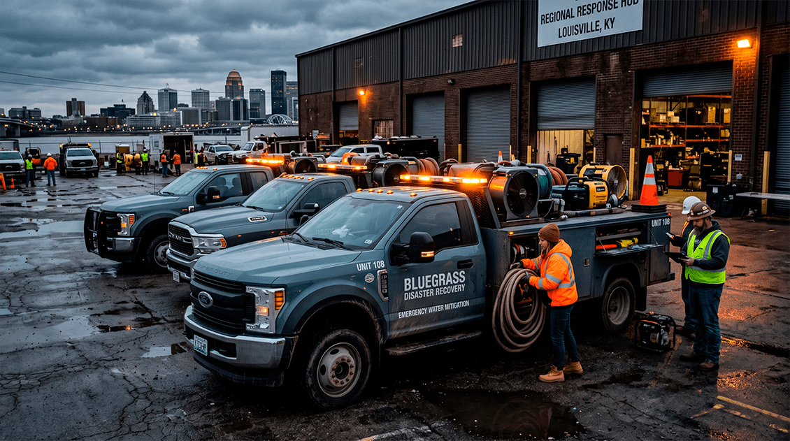 Heavy-duty commercial water mitigation trucks parked at a response hub in Louisville, Kentucky