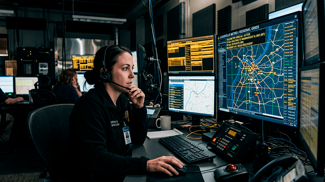 Professional emergency dispatch operator monitoring regional telemetry grids and routing recovery trucks in Louisville