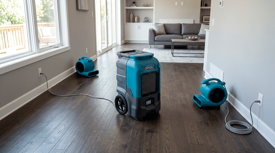 Industrial LGR dehumidifiers and axial air movers deployed across saturated sub-flooring inside an open-plan property
