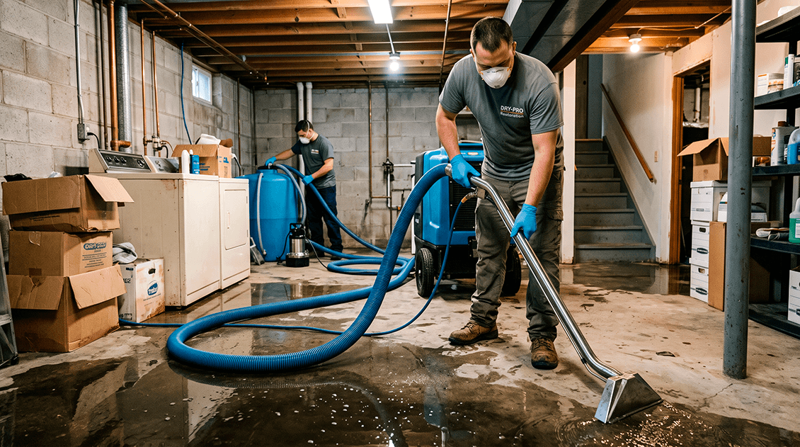 Restoration crew using industrial water extraction equipment to remove flooding in a residential basement laundry room after a washer burst