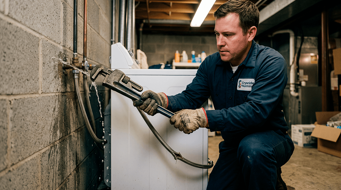 Appliance repair technician in uniform actively disconnecting a ruptured washing machine water supply hose to stop a leak in a basement laundry room