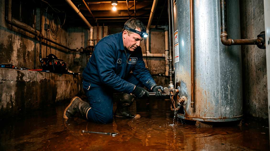 Emergency technician in professional uniform actively sealing a broken valve and controlling a structural weld failure on a ruptured water heater in an American basement