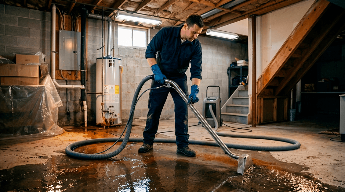 Water damage restoration crew using industrial high-capacity extraction hoses to pump out toxic rust slurry and water from a flooded basement floor